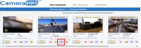 click the publish icon to publish a camera